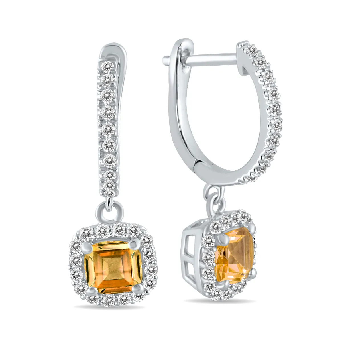 1 Carat Citrine And Diamond Halo Dangle Earrings In 10K White Gold