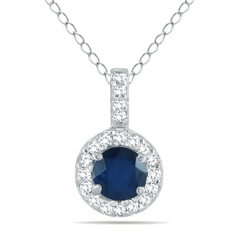 1/2 Carat Tw Halo Sapphire And Diamond Pendant In 10K White Gold