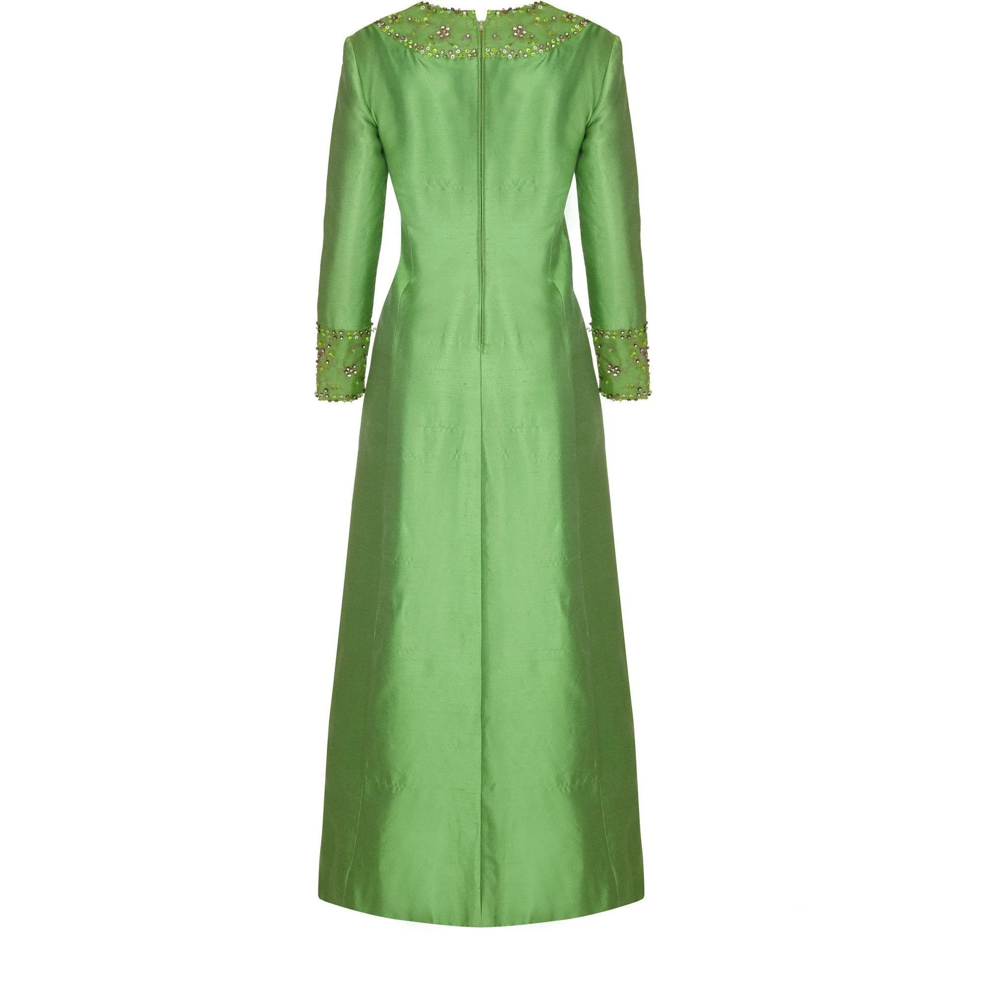 1960s Gino Charles for Malcolm Starr Green Beaded Collar Dress