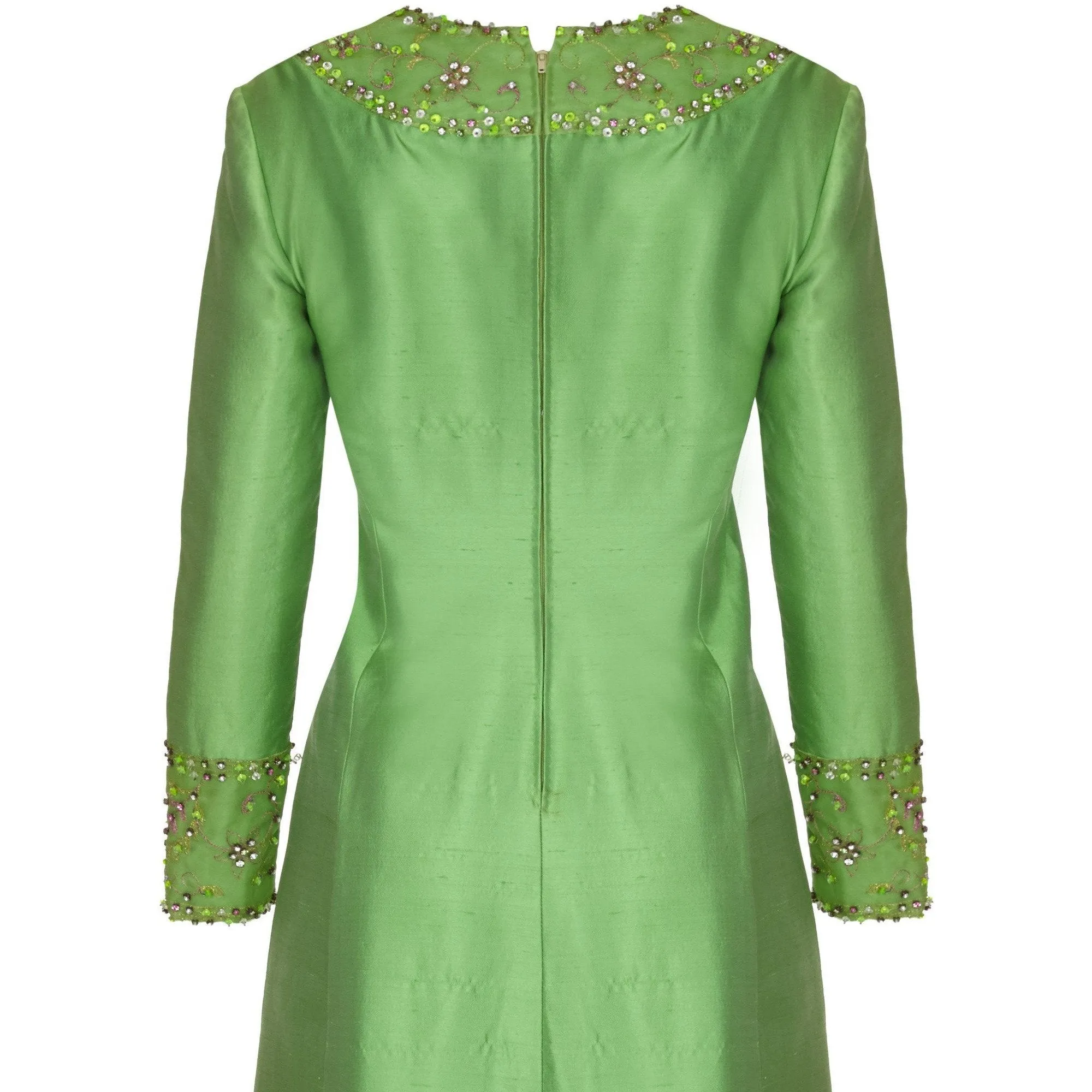 1960s Gino Charles for Malcolm Starr Green Beaded Collar Dress