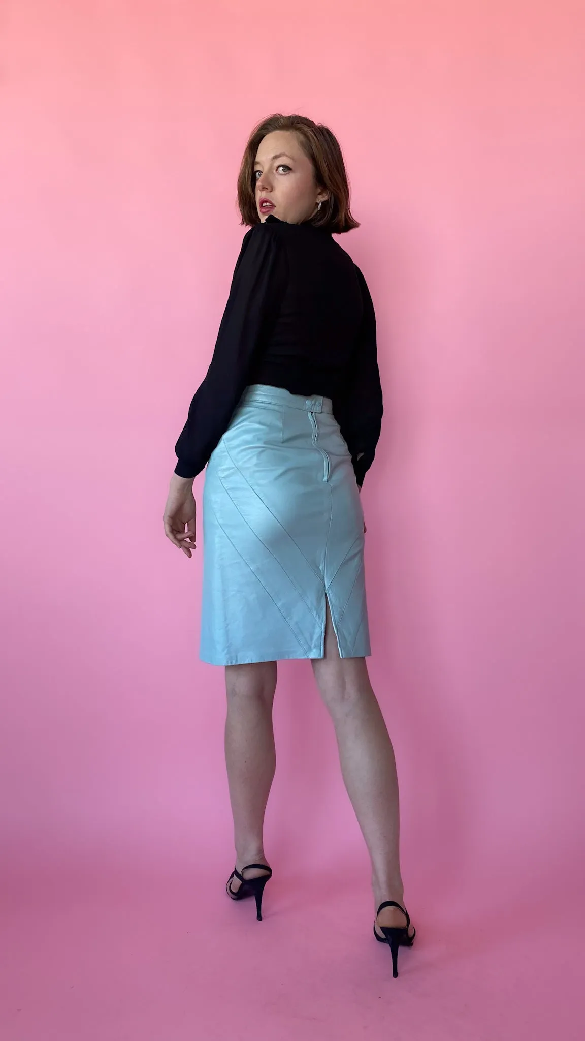 1980s Powder Blue Leather Skirt, sz. S