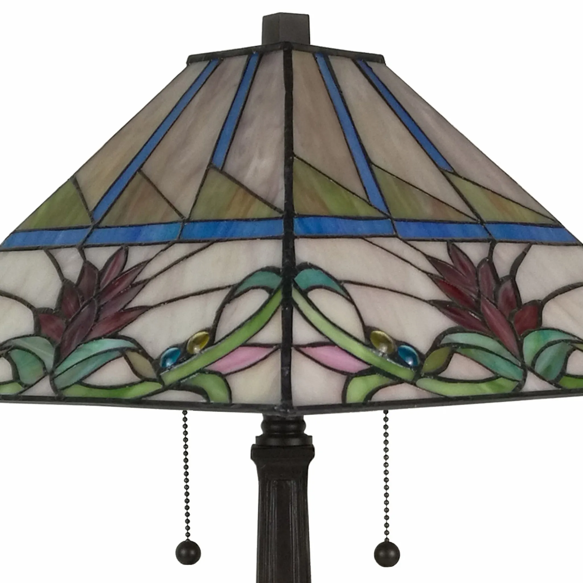 23" Cream and Red Floral Stained Glass Two Light Mission Style Table Lamp By Homeroots