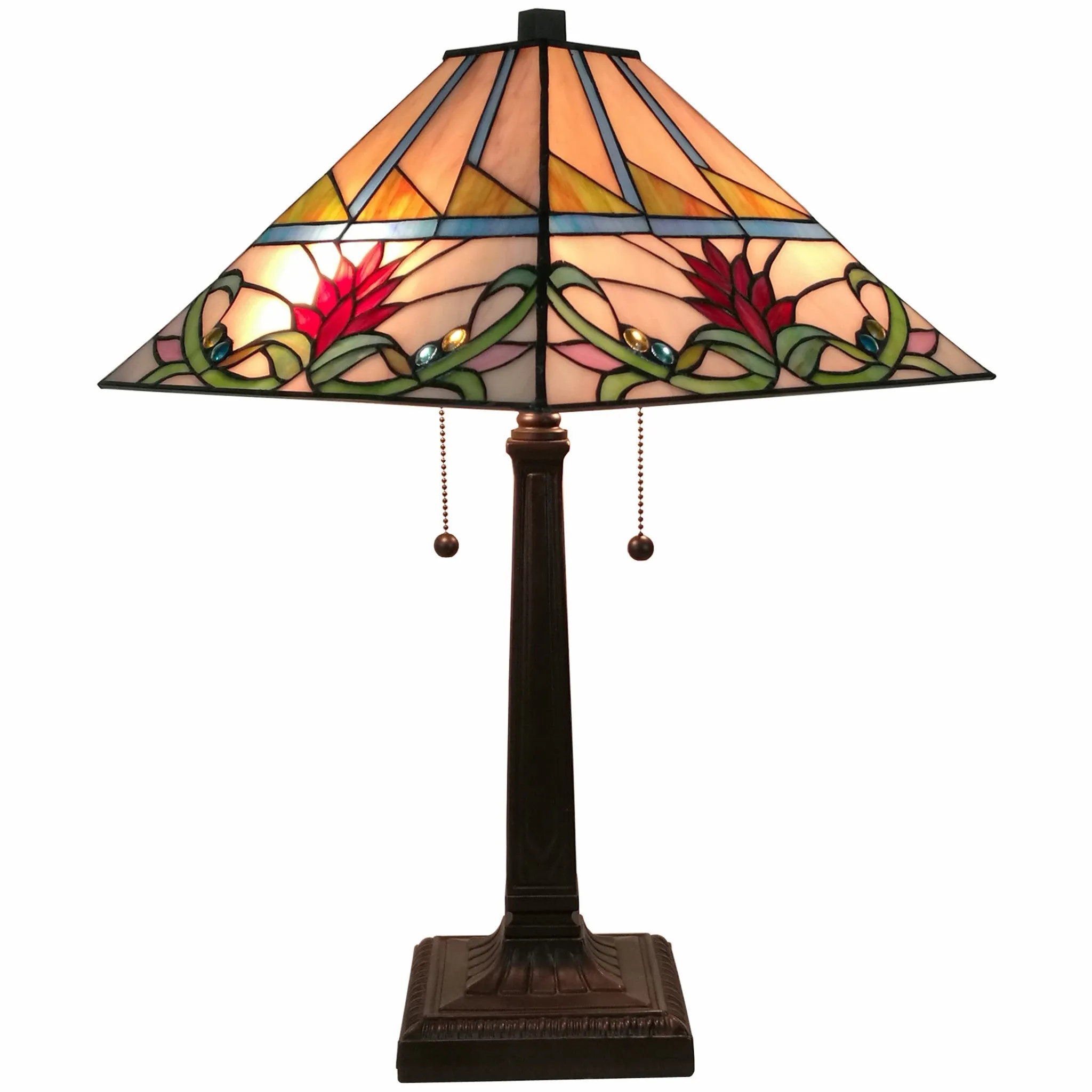 23" Cream and Red Floral Stained Glass Two Light Mission Style Table Lamp By Homeroots