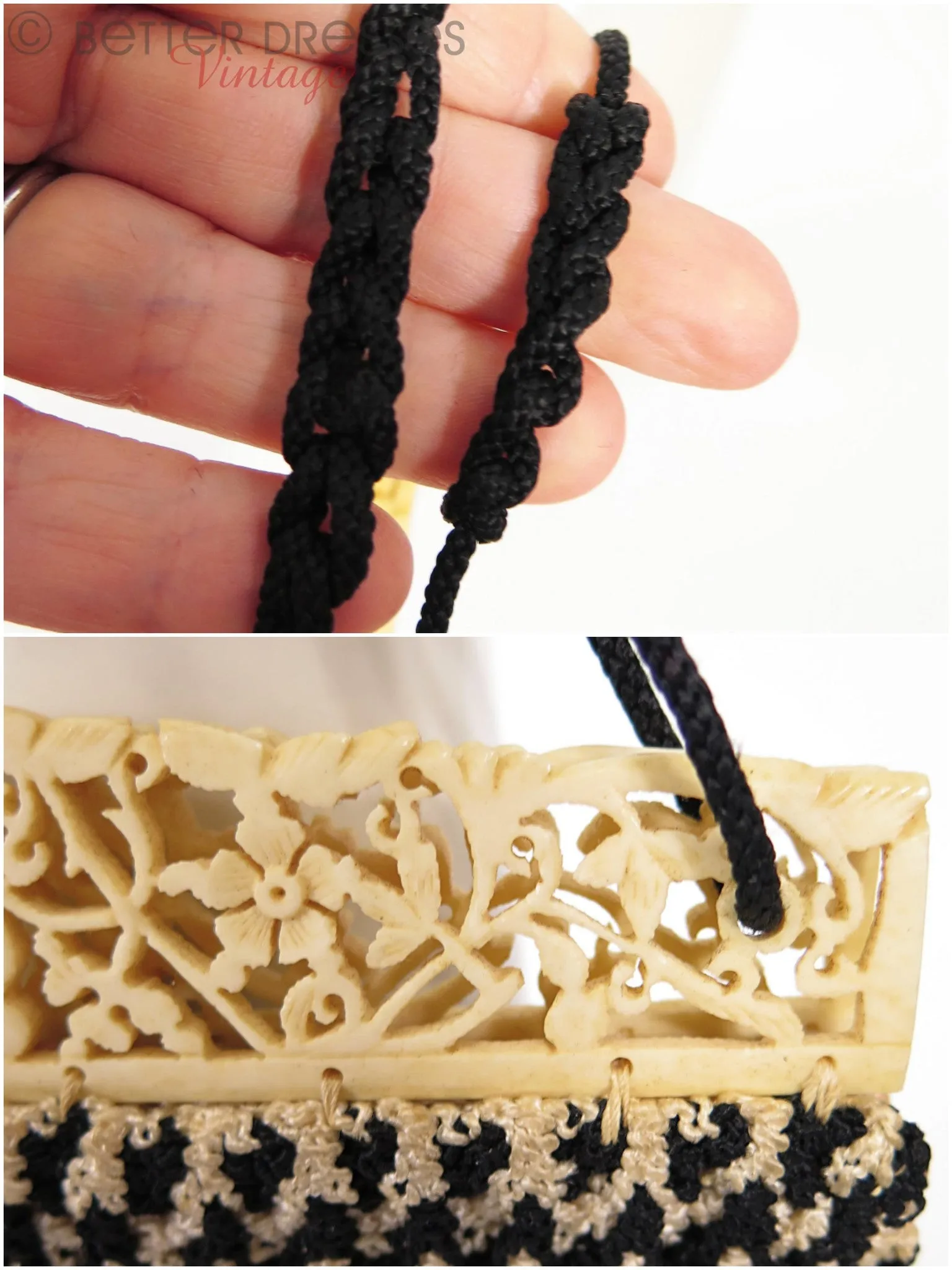 30s Carved Bone and Crochet Purse