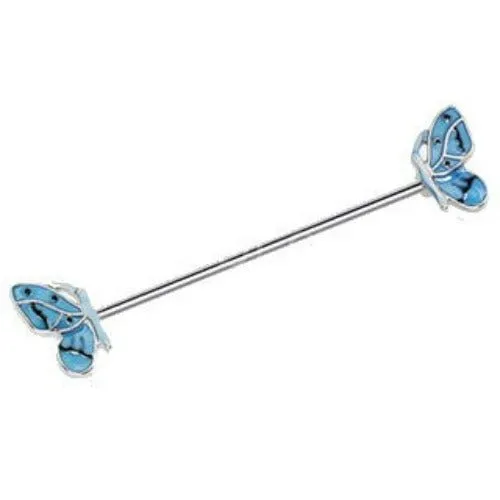 316L Stainless Steel Double Blue Butterfly Industrial Barbell