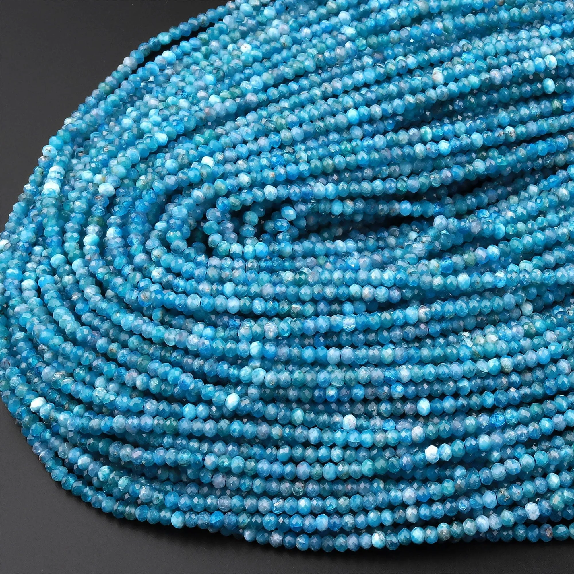 AAA Faceted Natural Blue Apatite 3mm Rondelle Beads Micro Cut Gemstone 15.5" Strand