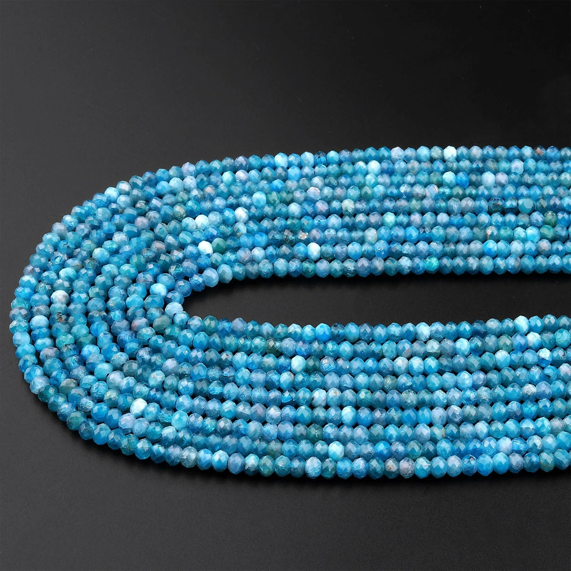 AAA Faceted Natural Blue Apatite 3mm Rondelle Beads Micro Cut Gemstone 15.5" Strand