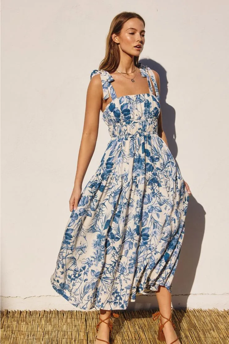 Abby Linen Midi Dress - Royal Florals