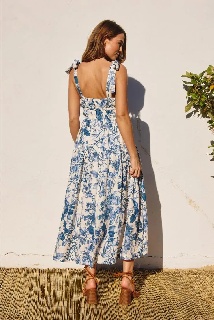 Abby Linen Midi Dress - Royal Florals