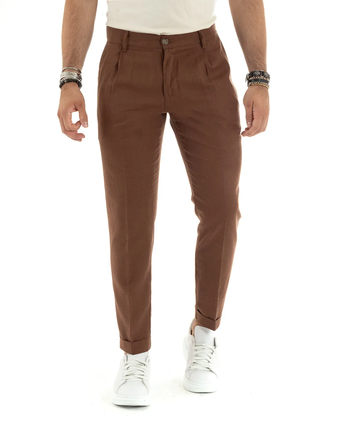 Abito Uomo Completo Lino Giacca Sahariana Pantaloni Tinta Unita Tabacco Casual GIOSAL-OU2337A