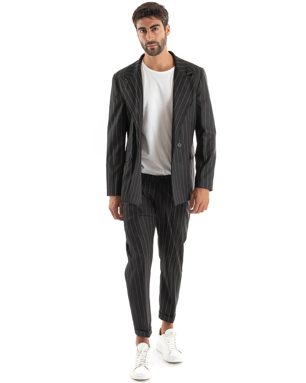 Abito Uomo Doppiopetto Vestito Viscosa Completo Giacca Pantaloni Nero Elegante Cerimonia GIOSAL-OU2156A