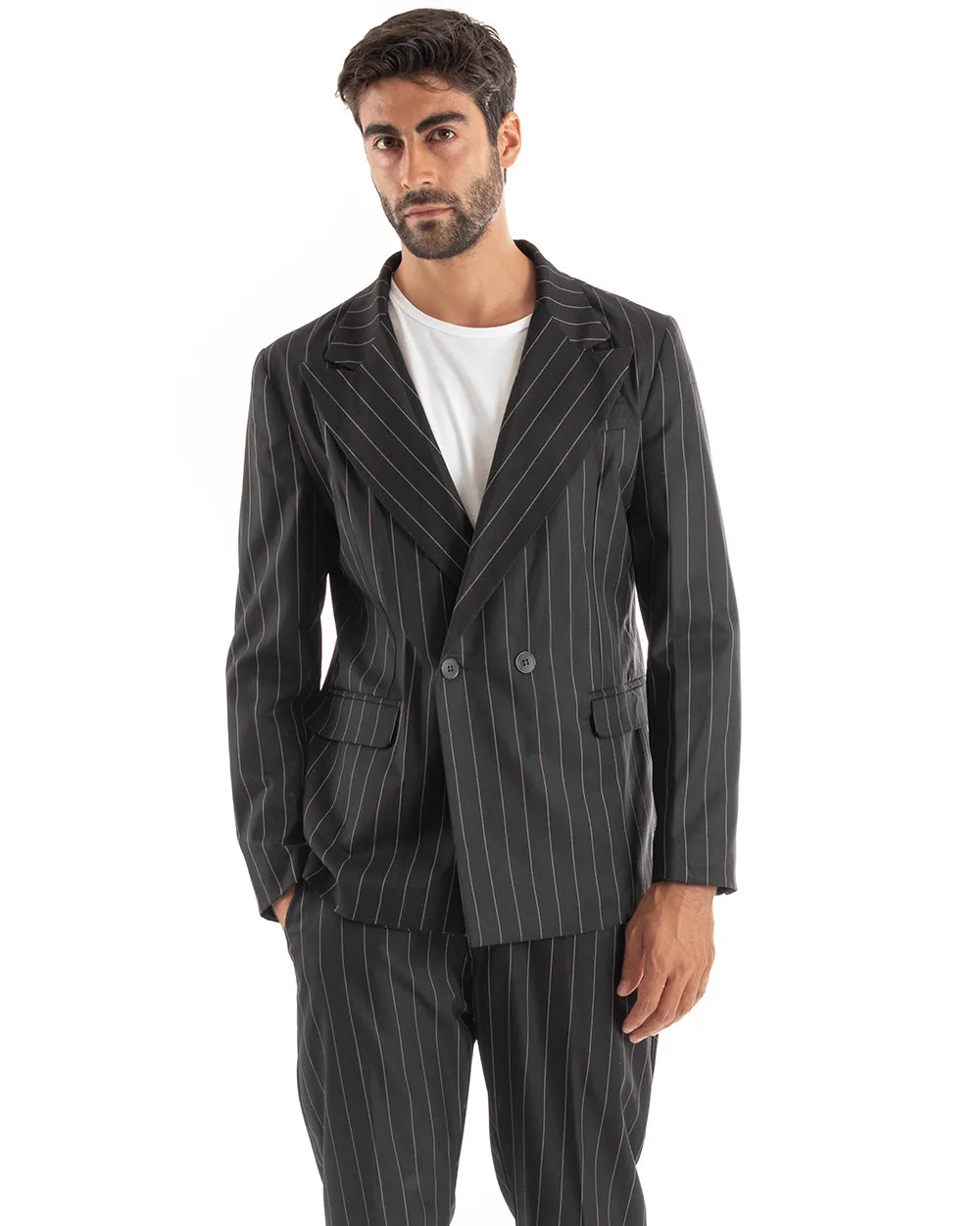 Abito Uomo Doppiopetto Vestito Viscosa Completo Giacca Pantaloni Nero Elegante Cerimonia GIOSAL-OU2156A