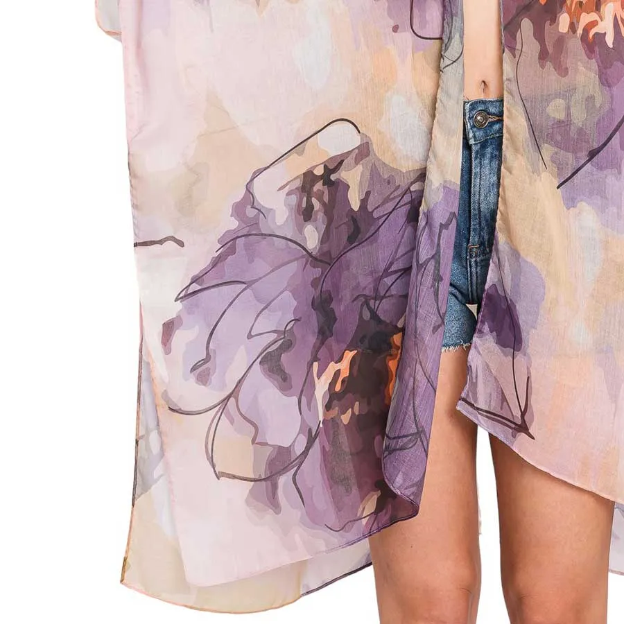 Abstract Watercolor Leaves Print Kimono Poncho