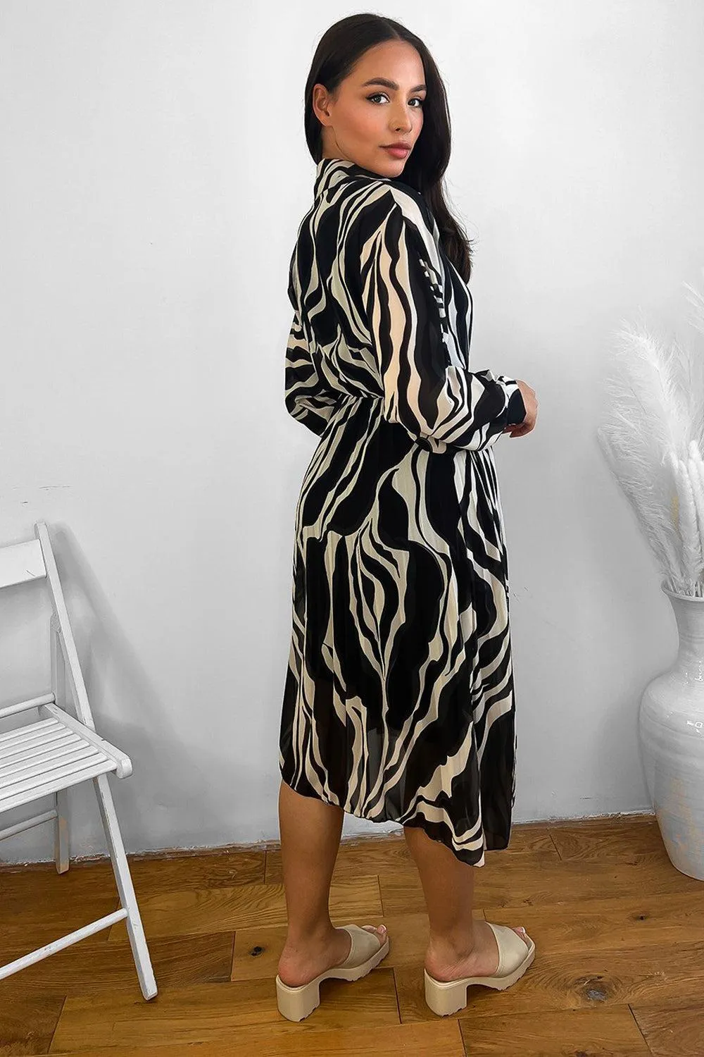 Abstract Zebra Print V-Neck Midi Dress