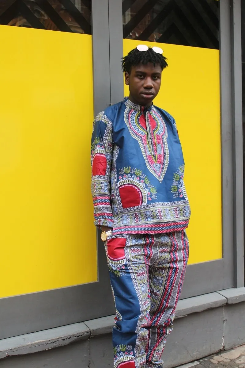 African Clothing - Blue Dashiki Trousers in African Wax Print