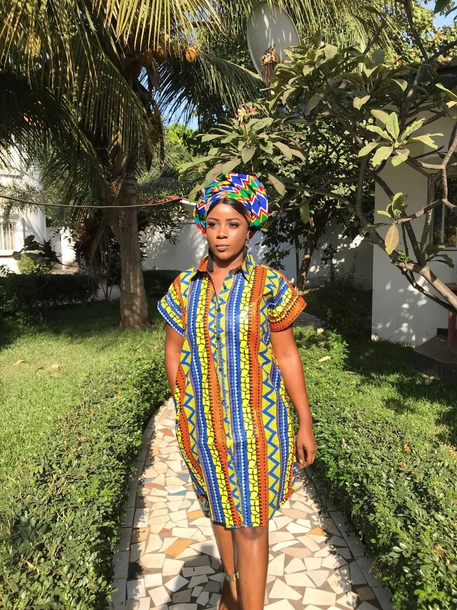 African Shirt Dress In Gold Ankara Print - Festival Dress