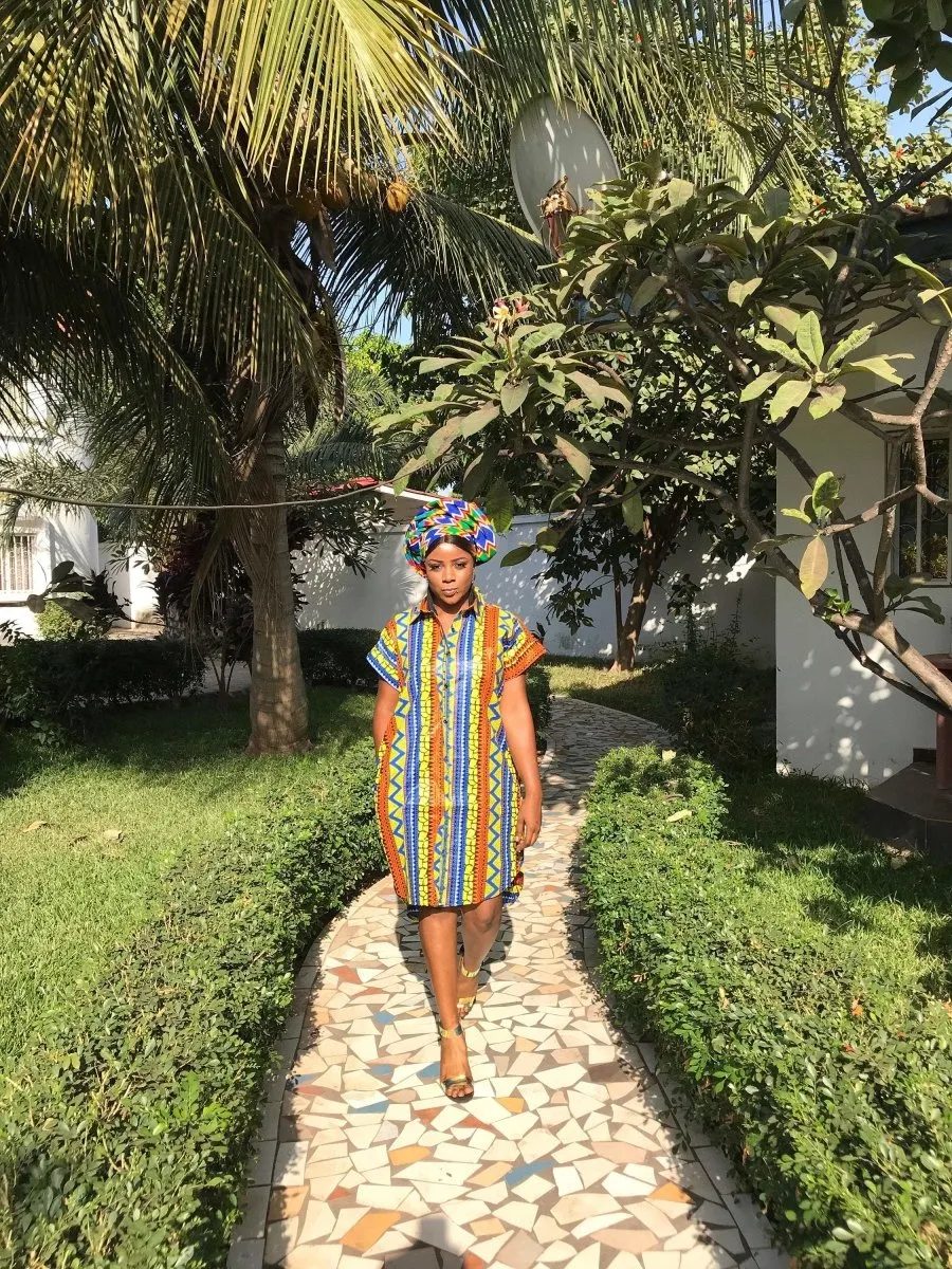 African Shirt Dress In Gold Ankara Print - Festival Dress