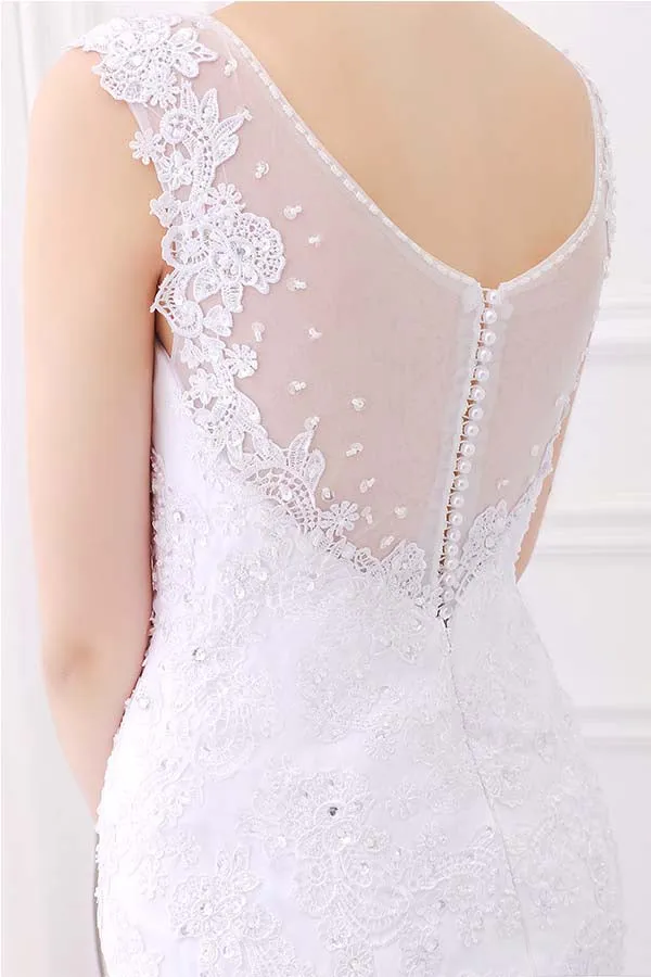 Alfa Bridal White V-neck Sleeveless Mermaid Lace Beaded Rhinestones Wedding Dresses (AW003)