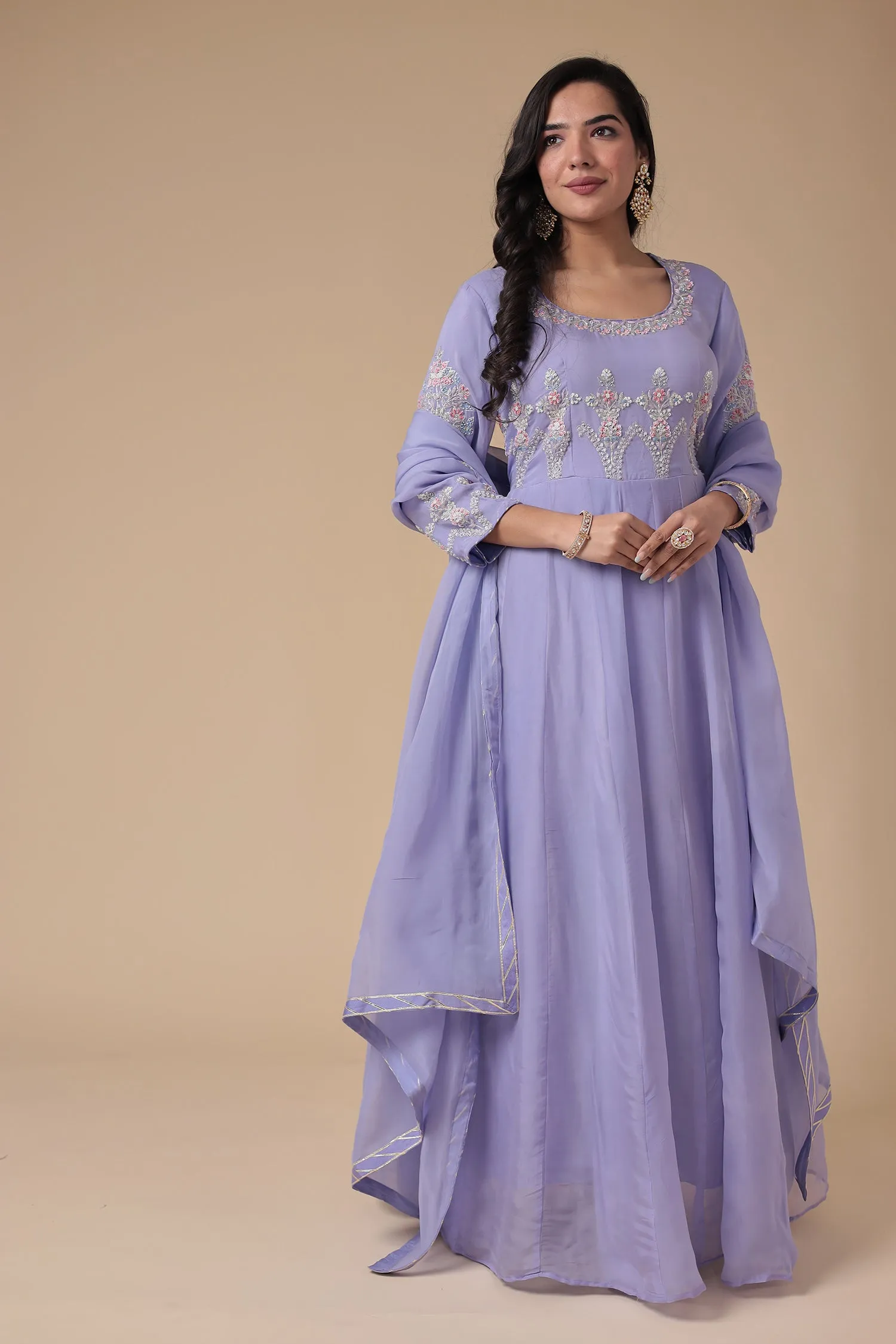 Anarkali Organza Suit Embroidered with Aari and Cutdana work