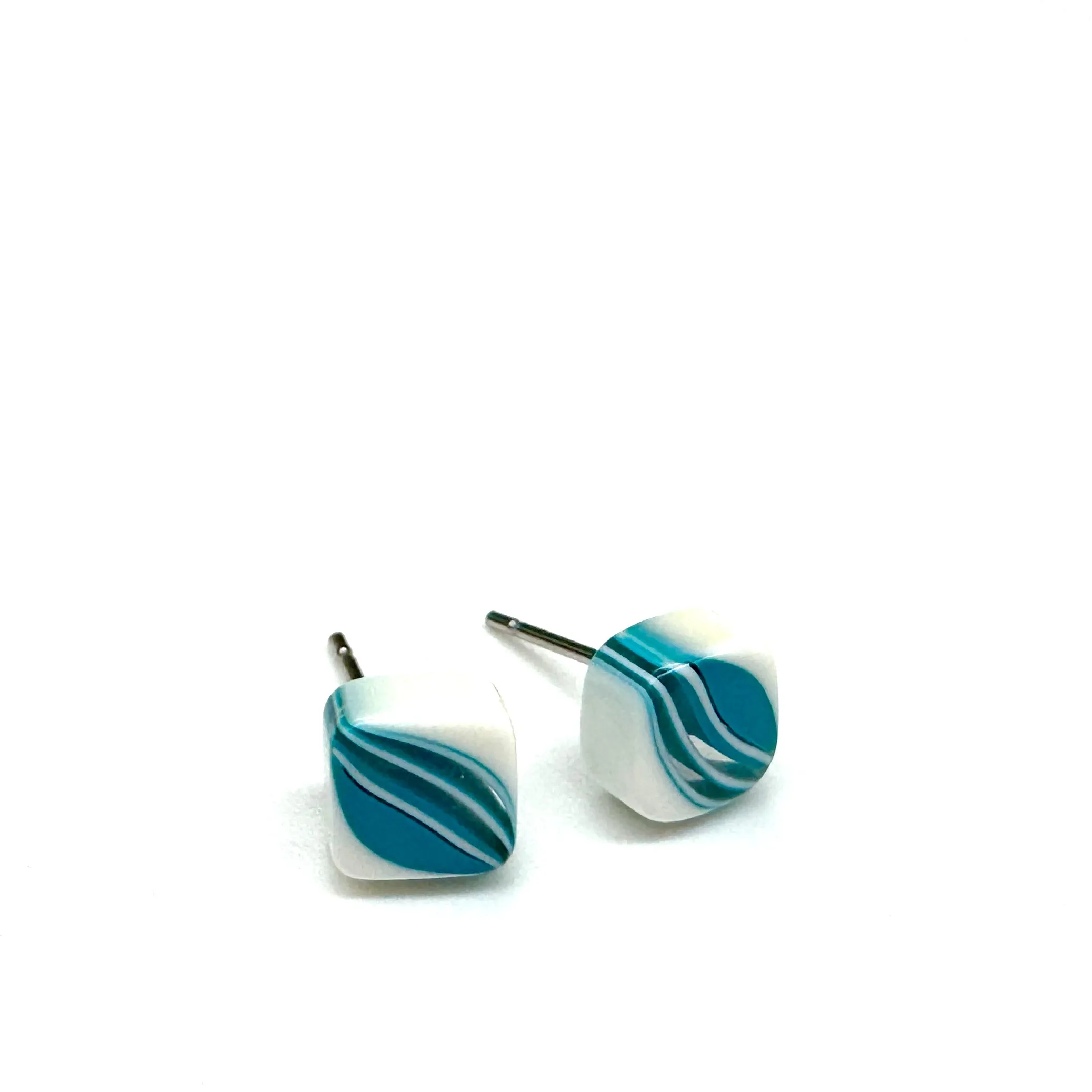 Aqua Blue & White Striped Square Cane Slice Stud Earrings