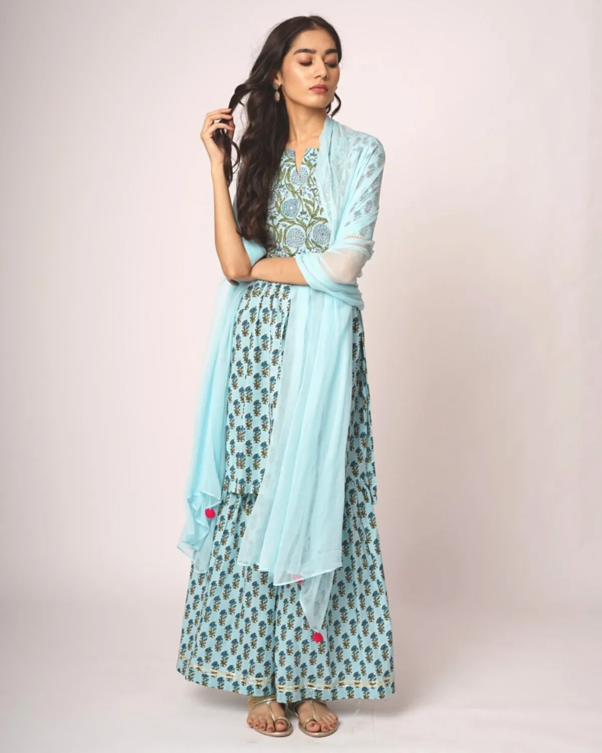 Aqua Tulip Blue Gharara - Set of 3