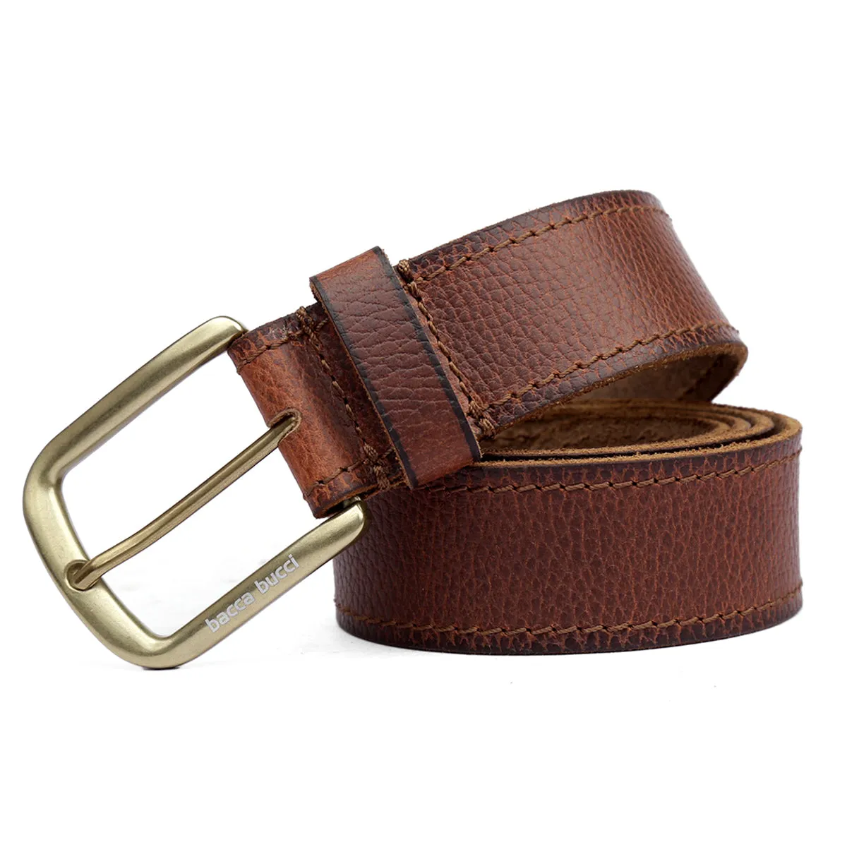 Bacca Bucci Genuine Leather one Row Stitch Jeans Belt 40 MM Wide 4 MM Thick for Casual wear-Bourbon Brown