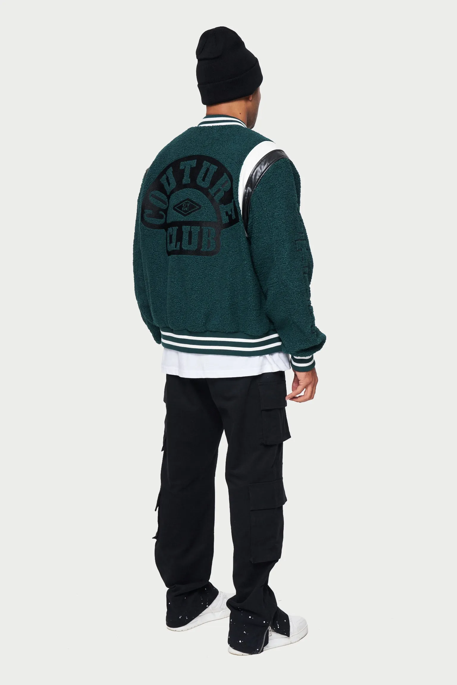 BADGED BORG VARSITY JACKET - GREEN