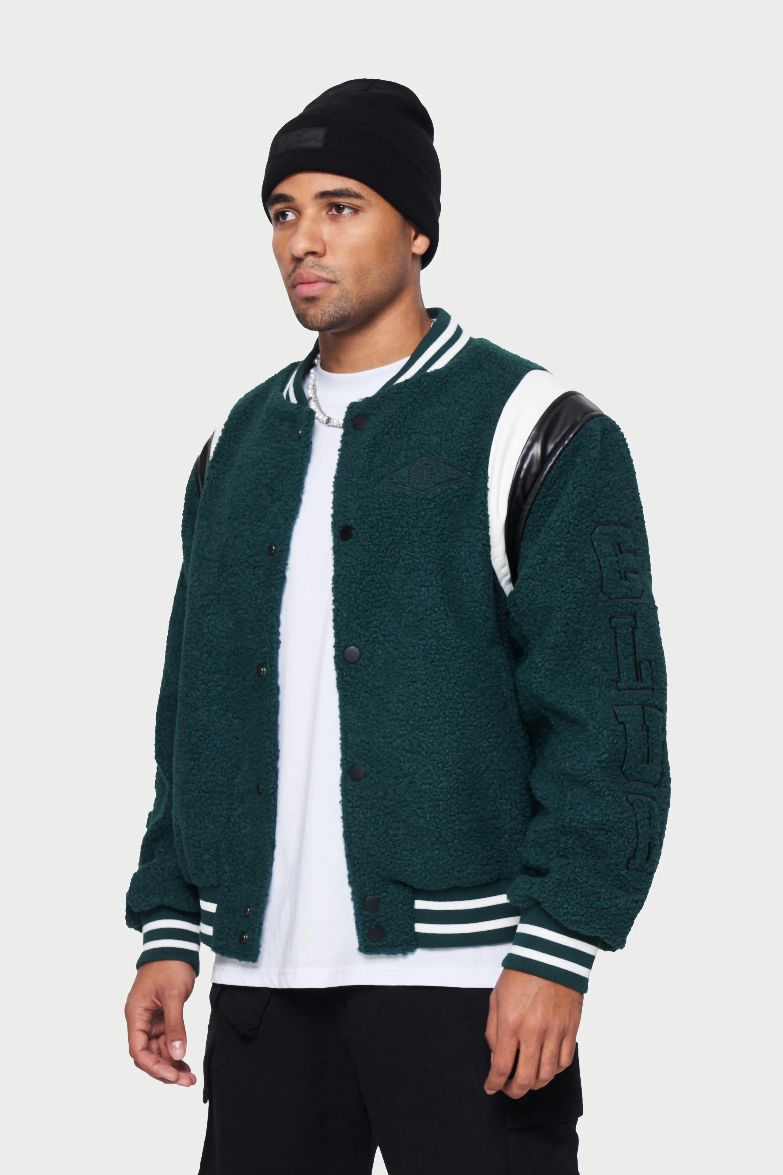 BADGED BORG VARSITY JACKET - GREEN