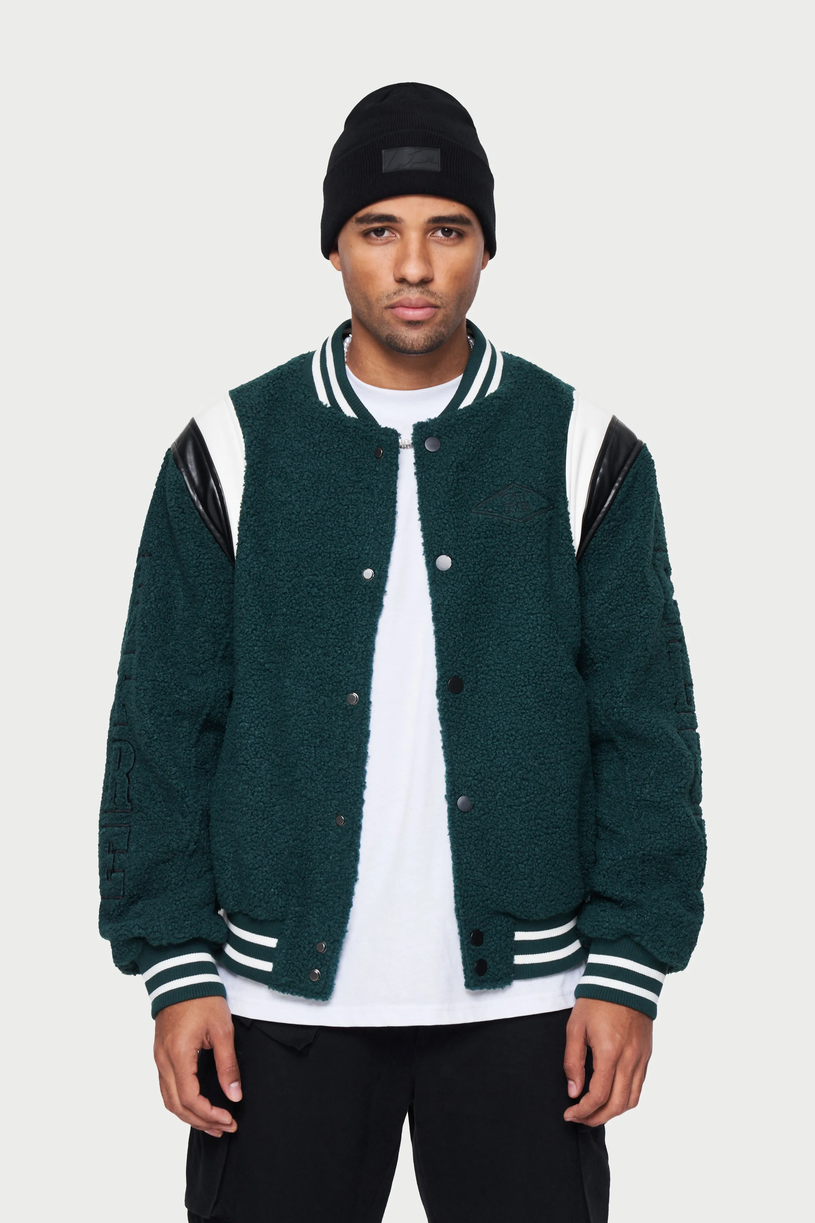 BADGED BORG VARSITY JACKET - GREEN