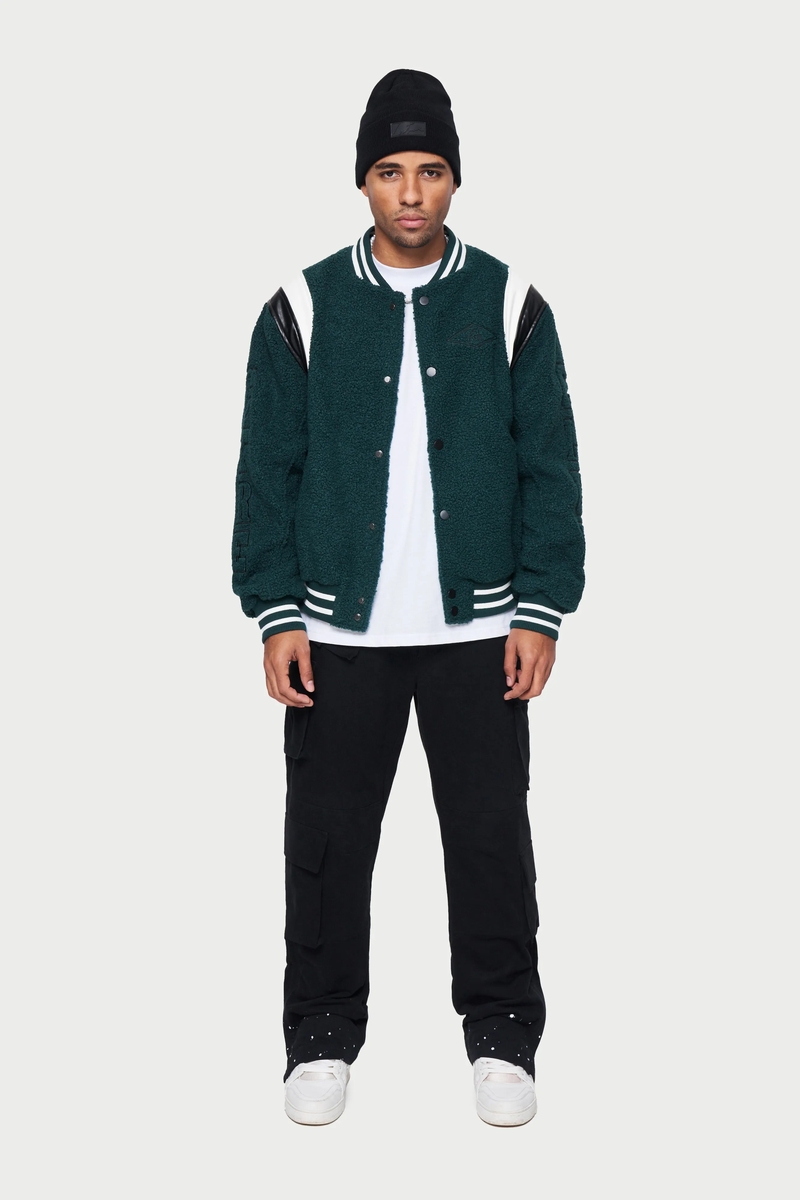 BADGED BORG VARSITY JACKET - GREEN