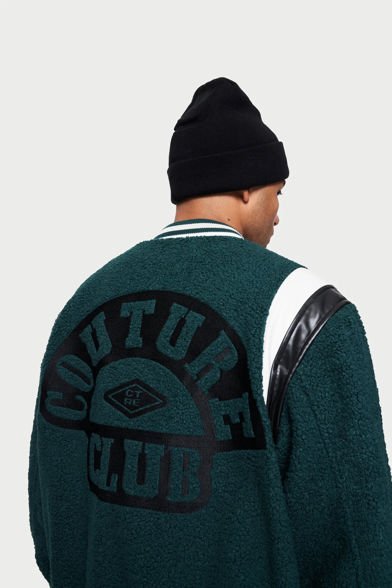 BADGED BORG VARSITY JACKET - GREEN