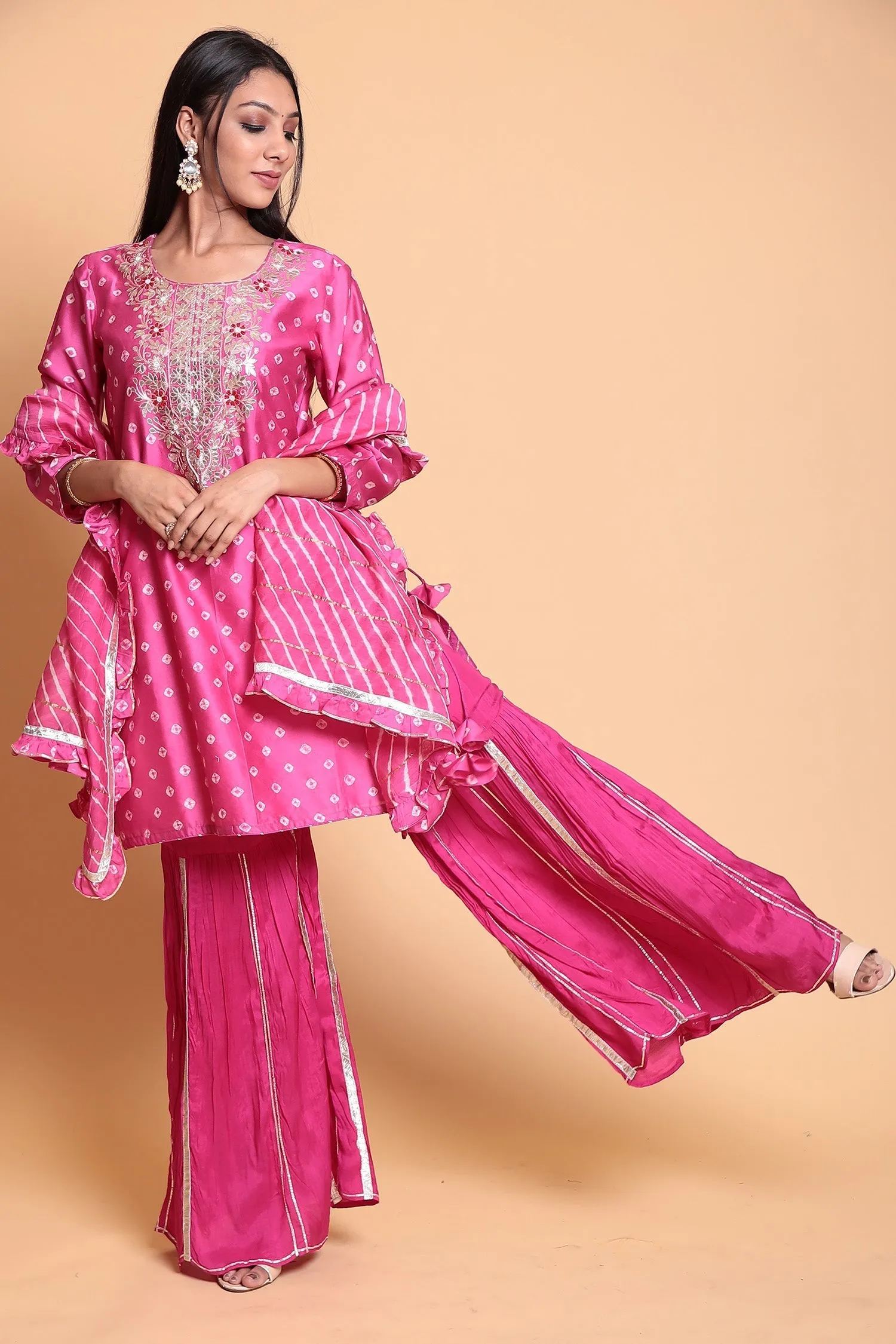 Bandhej Chanderi Suit Stitched with Gota Patti work.