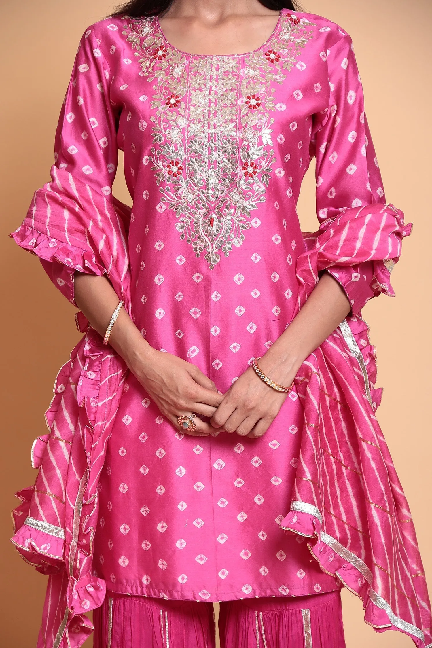 Bandhej Chanderi Suit Stitched with Gota Patti work.