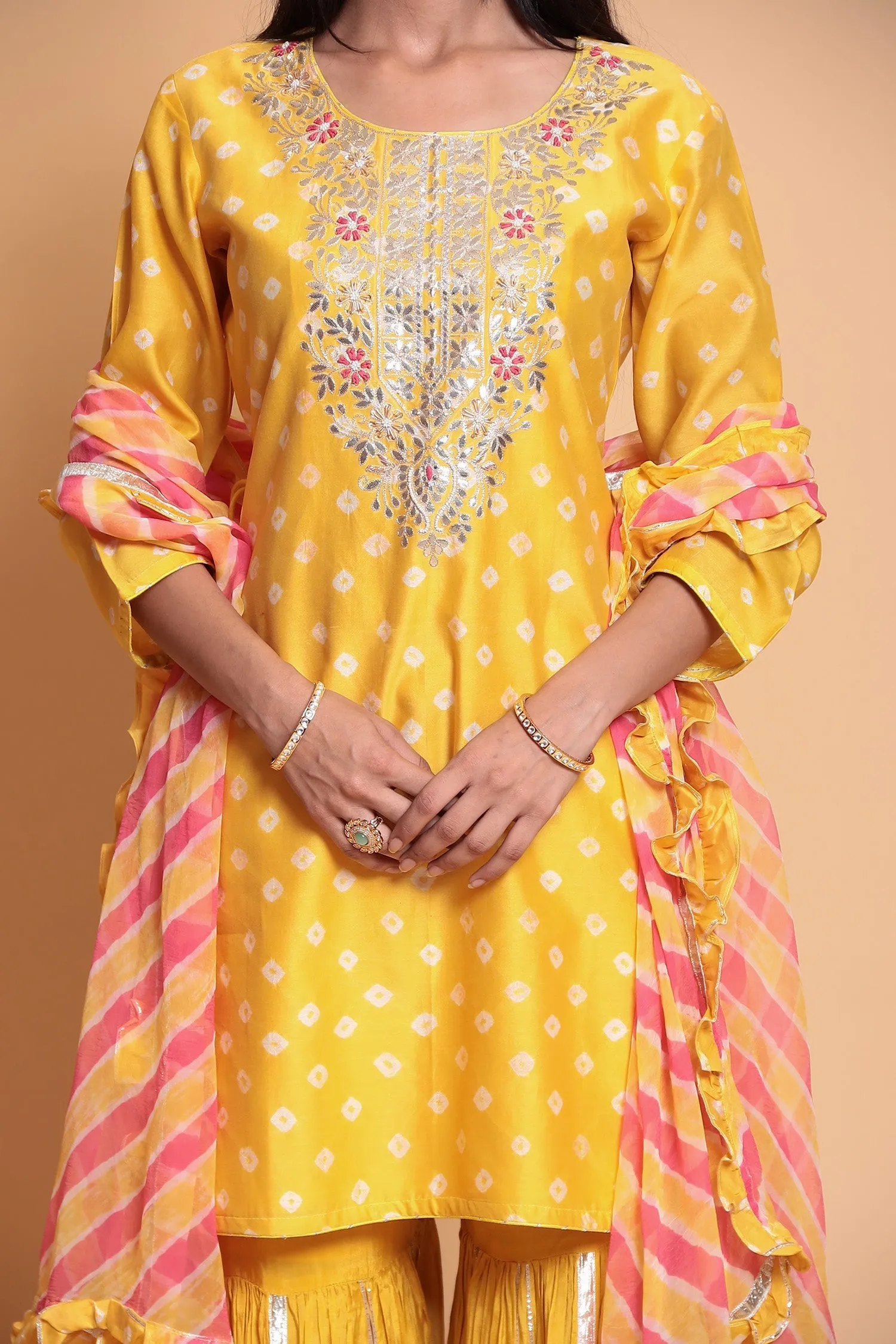 Bandhej Chanderi Suit Stitched with Gota Patti work.