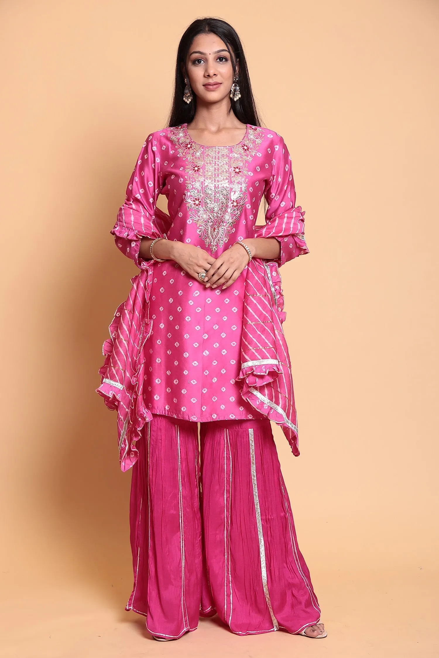 Bandhej Chanderi Suit Stitched with Gota Patti work.