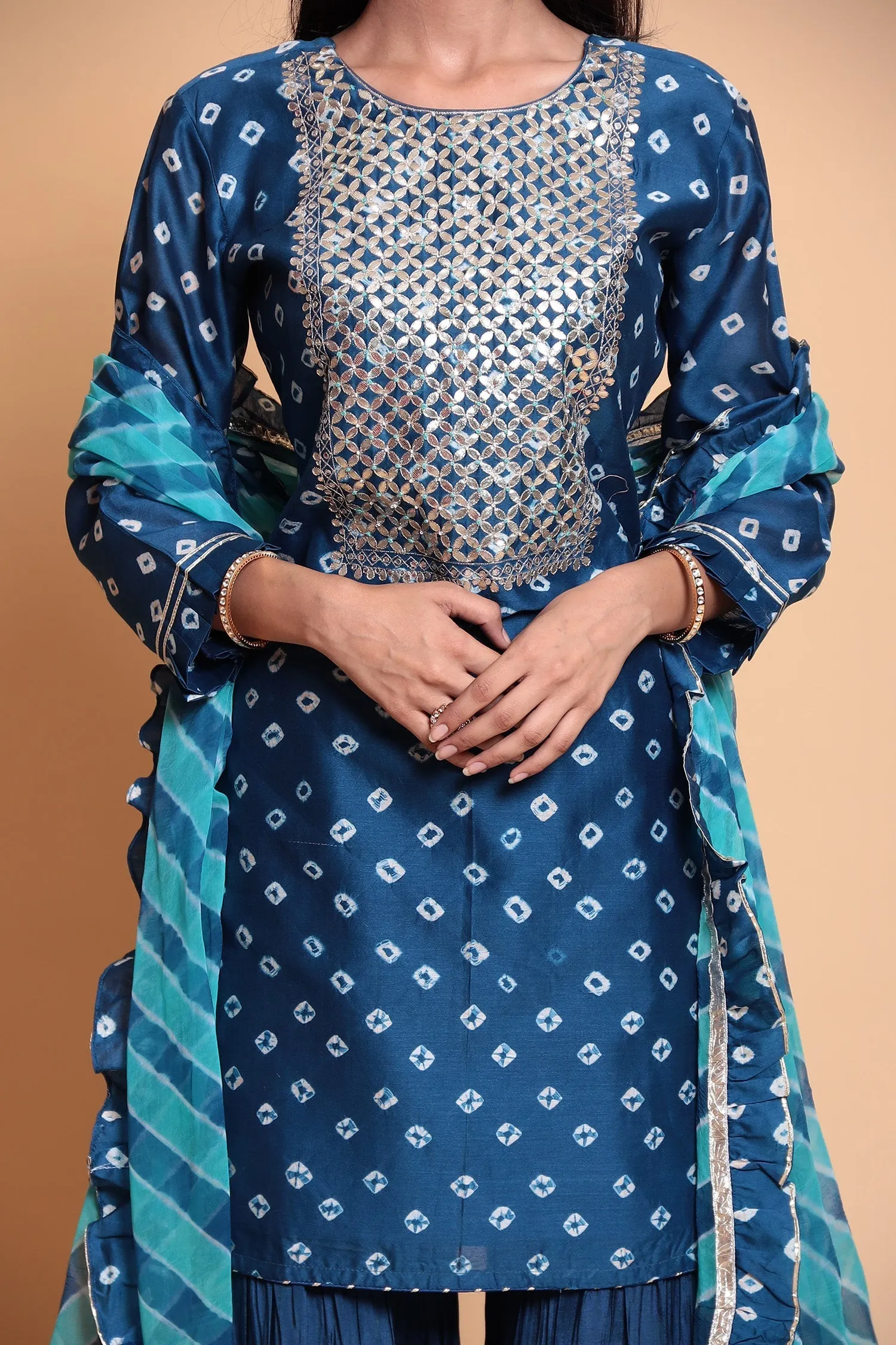 Bandhej Chanderi Suit Stitched with Gota Patti work.