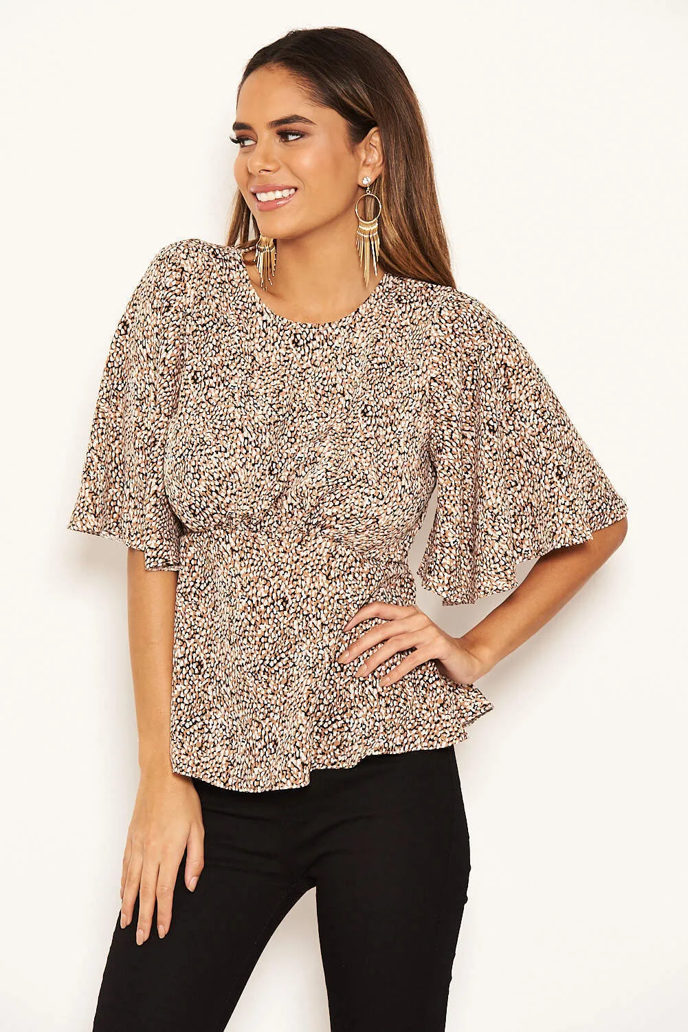 Beige Printed Frill Blouse