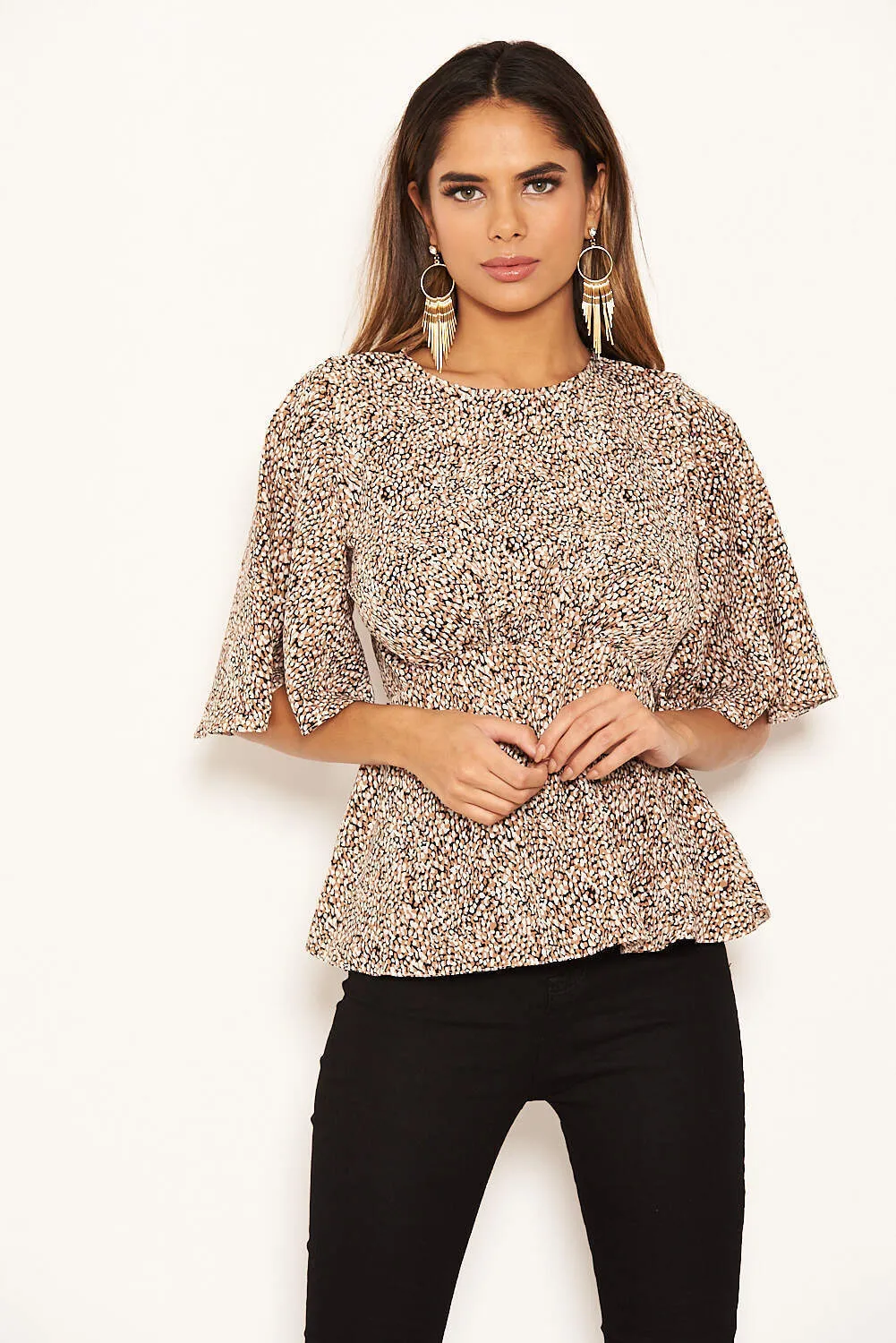 Beige Printed Frill Blouse