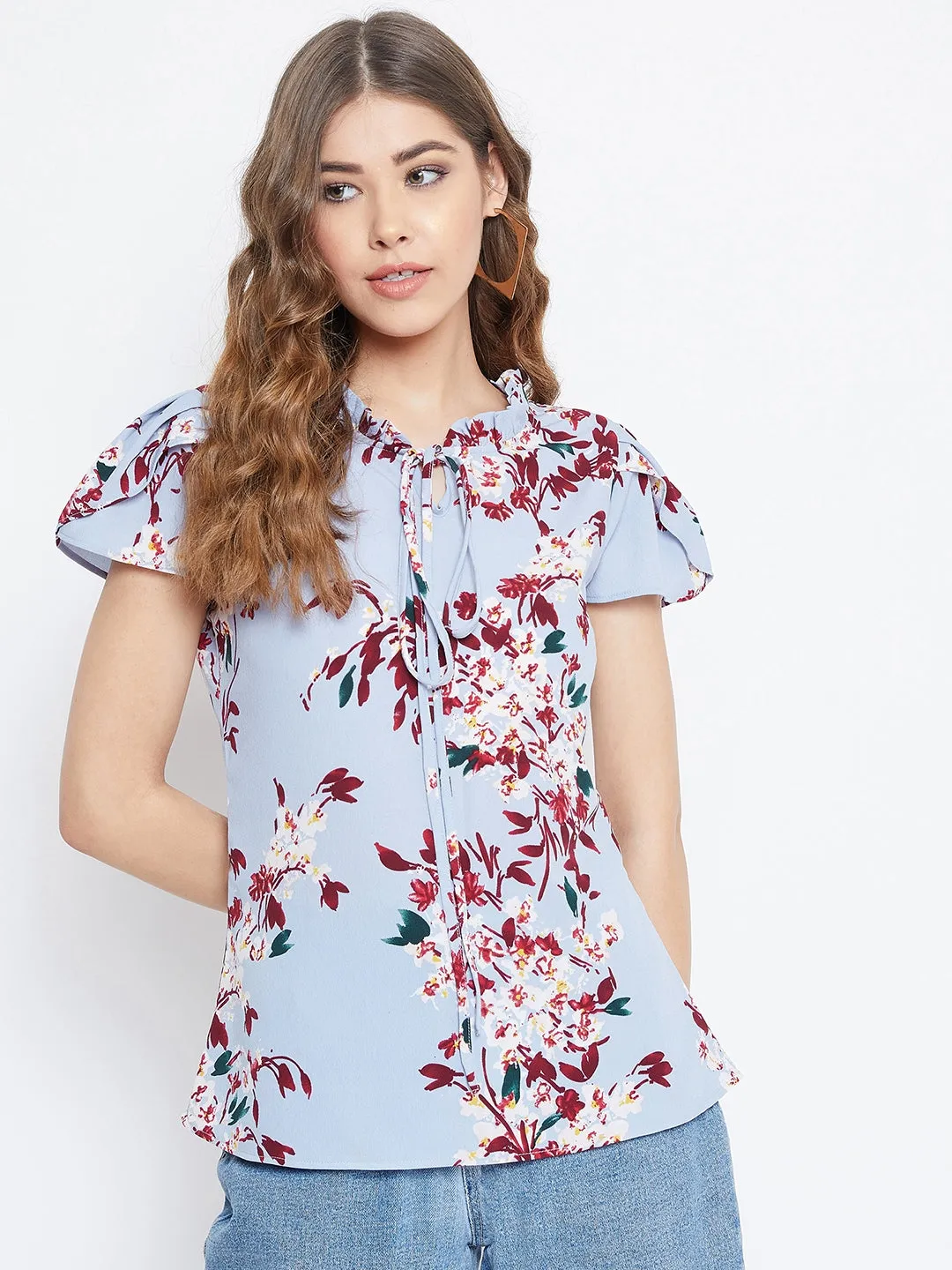 Berrylush Women Blue Floral Printed Tie-Up Neck Top