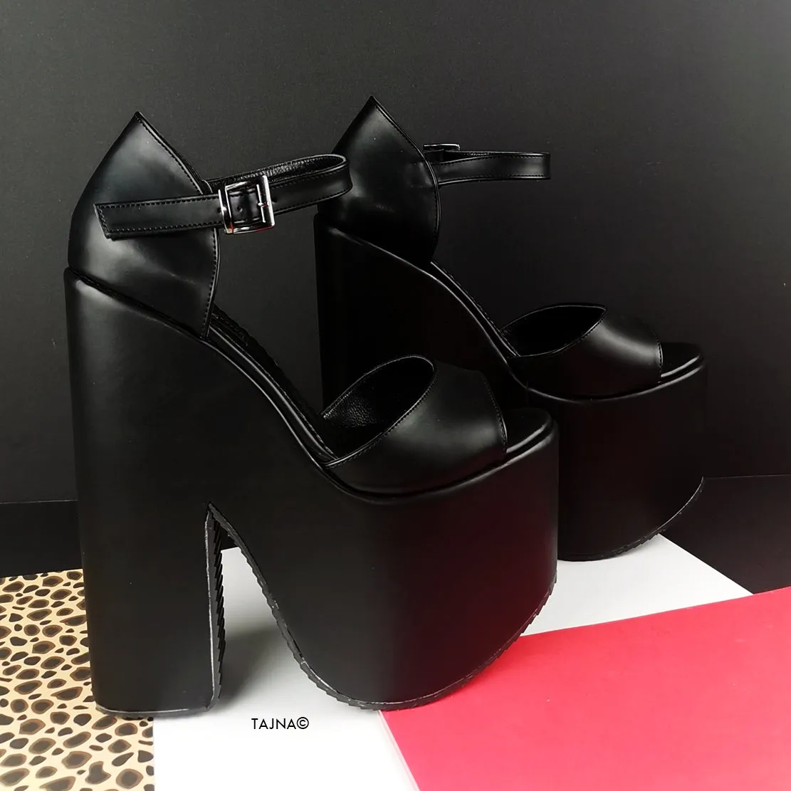 Black Carved Wedge Platform Heels