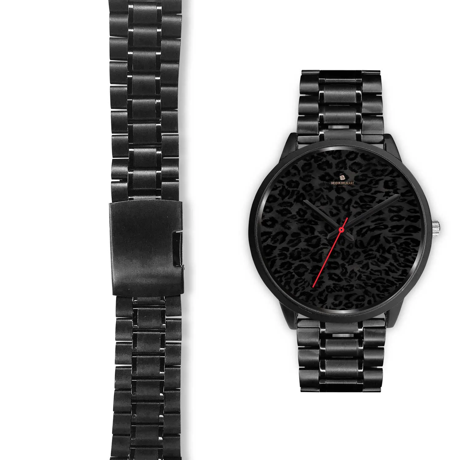 Black Leopard Print Unisex Watch, Animal Print Stainless Steel/ Genuine Leather Watch