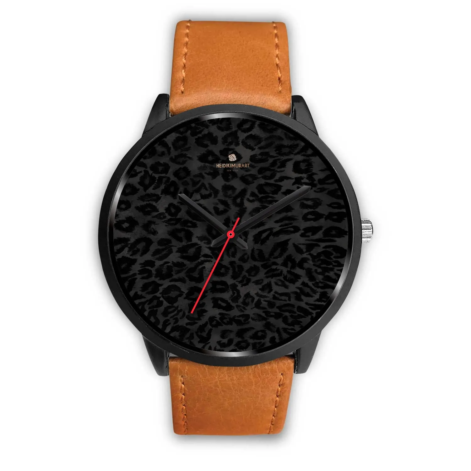 Black Leopard Print Unisex Watch, Animal Print Stainless Steel/ Genuine Leather Watch