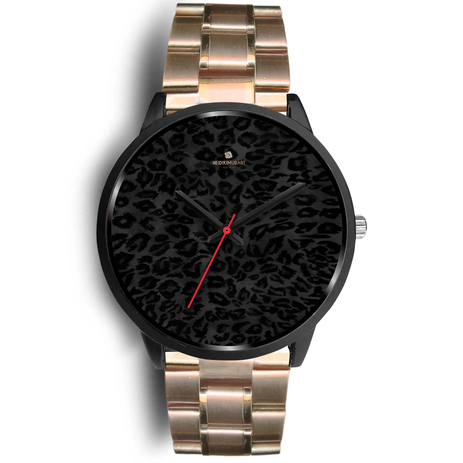 Black Leopard Print Unisex Watch, Animal Print Stainless Steel/ Genuine Leather Watch