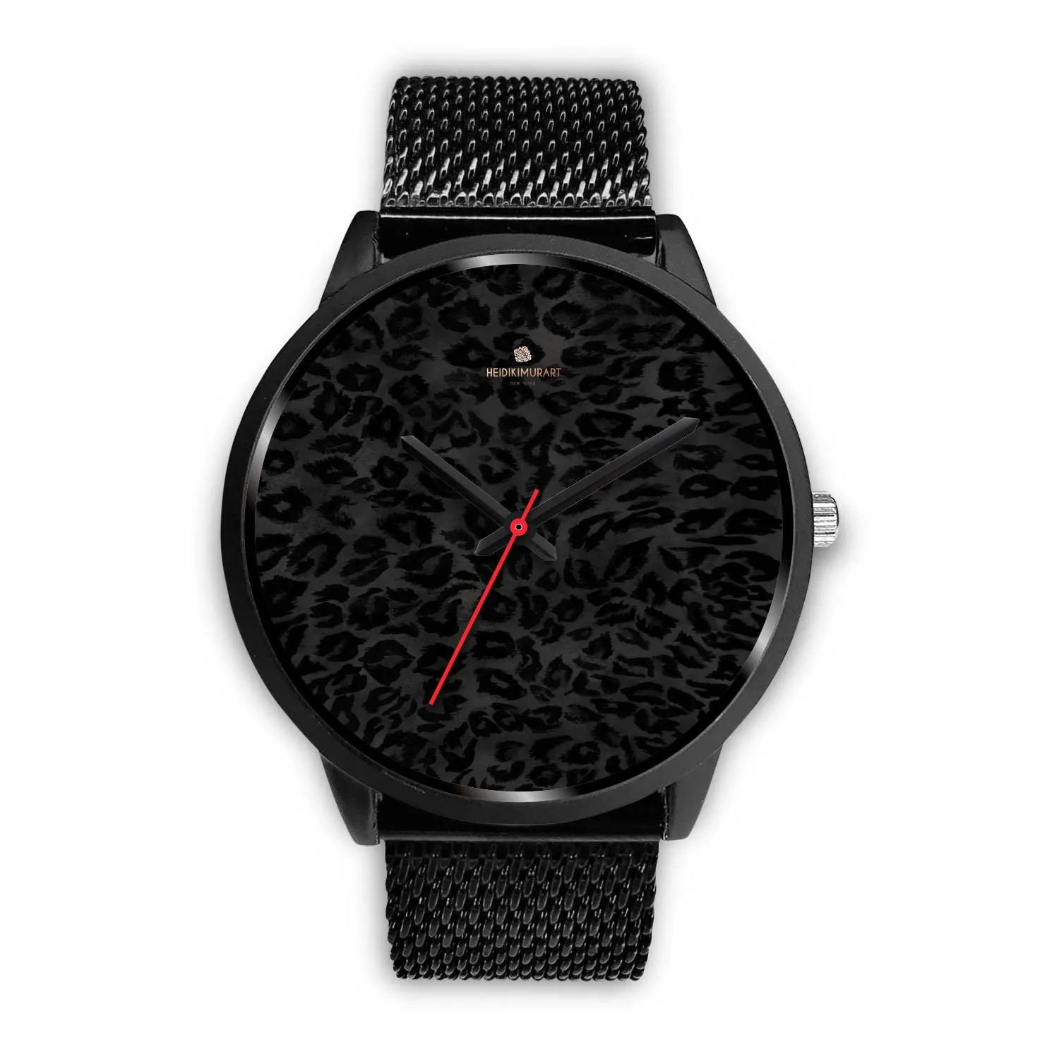 Black Leopard Print Unisex Watch, Animal Print Stainless Steel/ Genuine Leather Watch