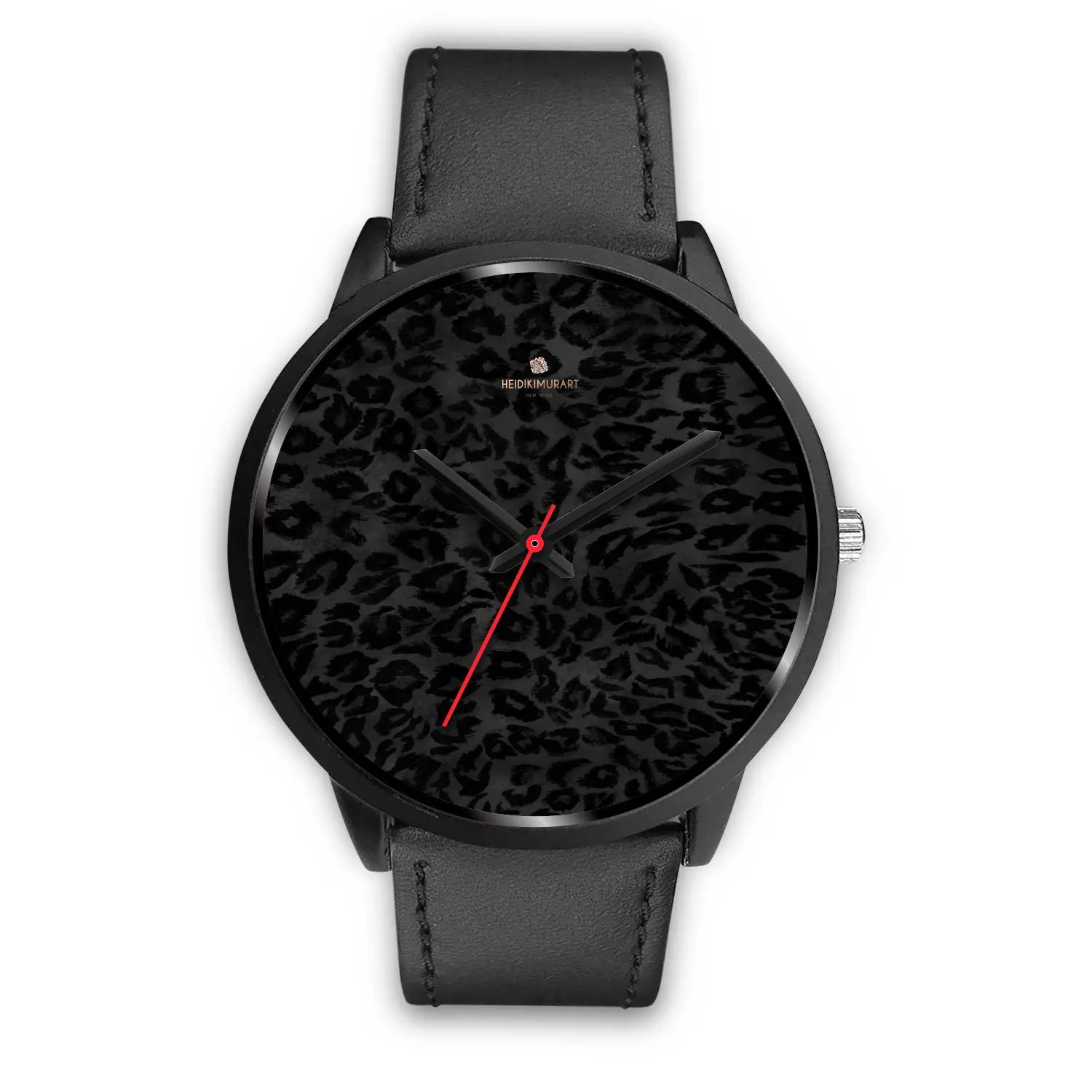 Black Leopard Print Unisex Watch, Animal Print Stainless Steel/ Genuine Leather Watch