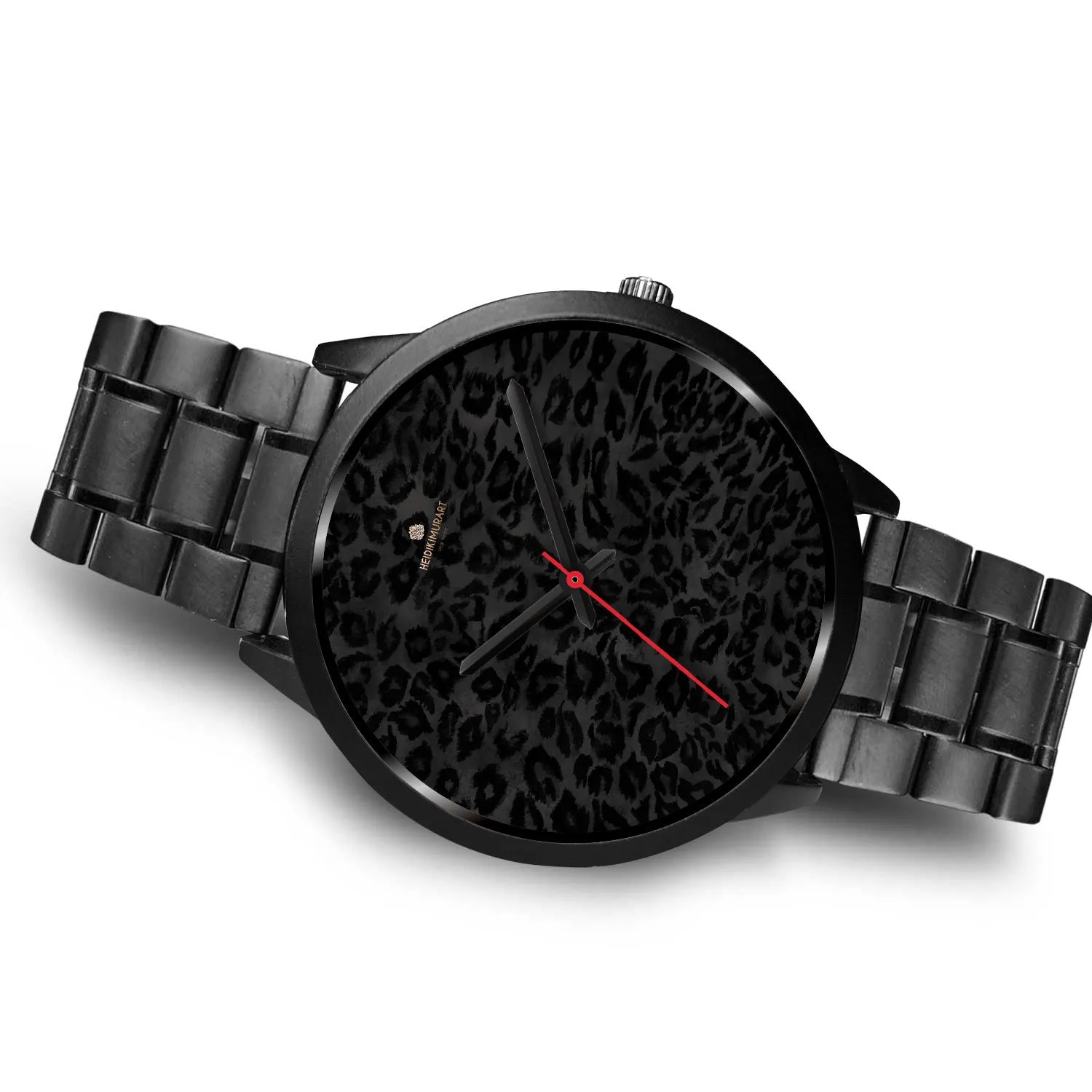 Black Leopard Print Unisex Watch, Animal Print Stainless Steel/ Genuine Leather Watch