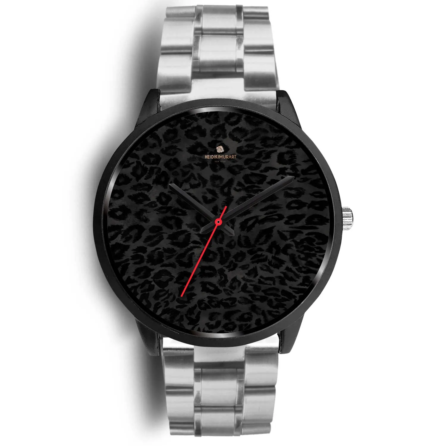 Black Leopard Print Unisex Watch, Animal Print Stainless Steel/ Genuine Leather Watch