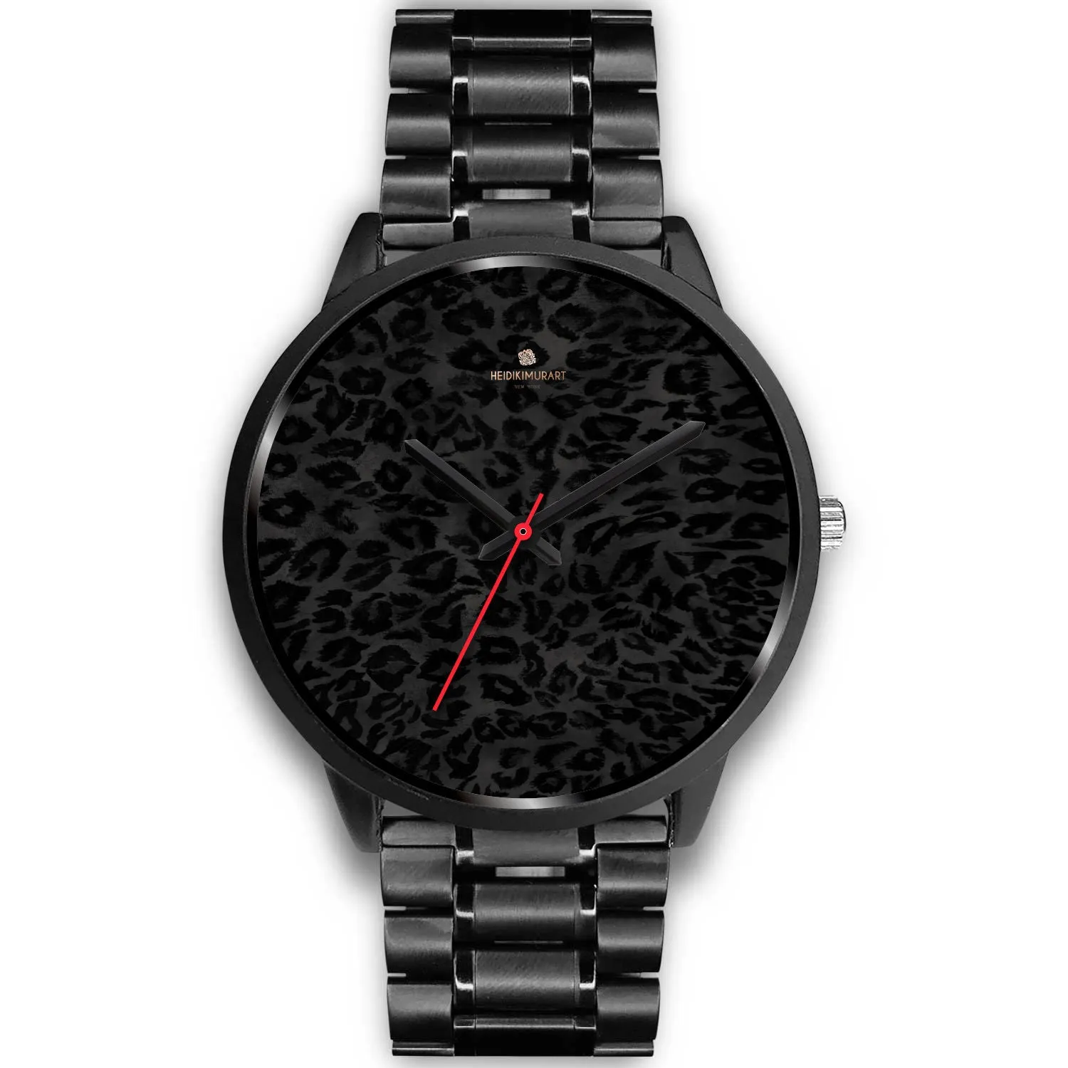 Black Leopard Print Unisex Watch, Animal Print Stainless Steel/ Genuine Leather Watch