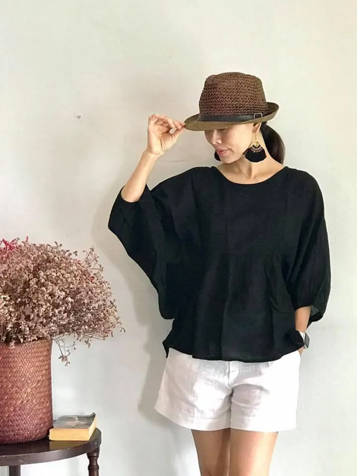 Black Raw Natural Cotton Gauze Blouse