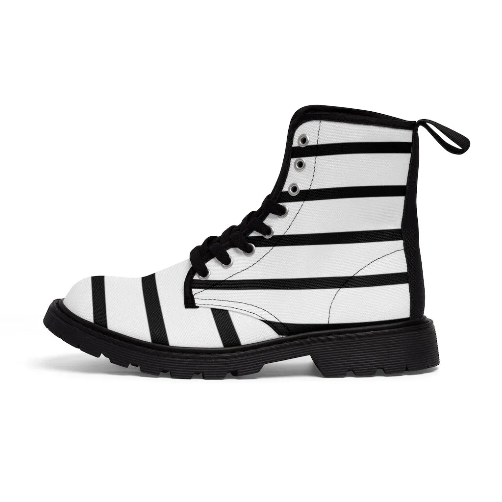 Black Striped Women's Canvas Boots, Black White Stripes Designer Best Fashion Canvas Boots